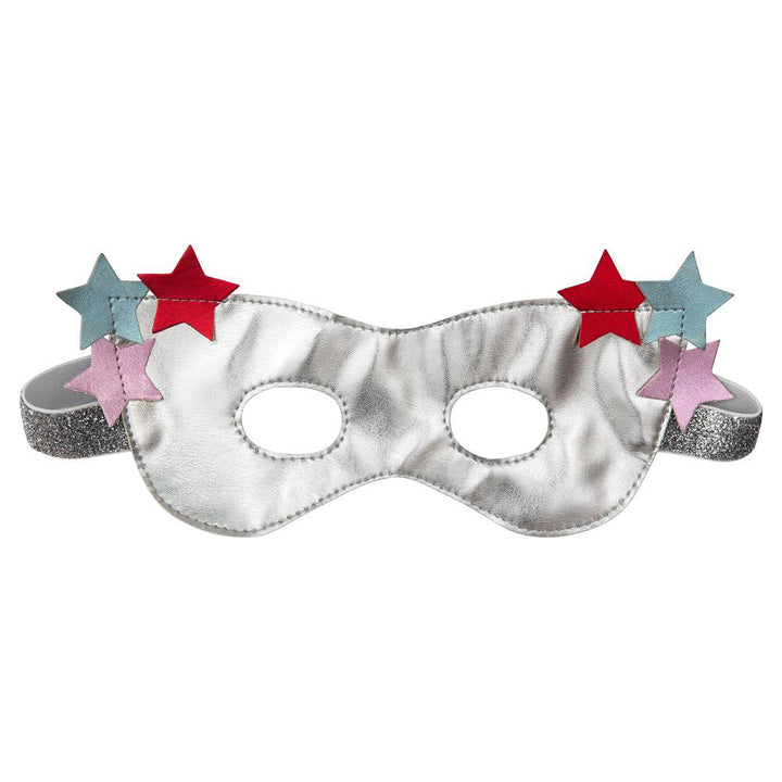 Silver superhero mask with red, blue and pink stars from the Meri Meri Superhero Kids Dress Up Kit, pretend play accessory