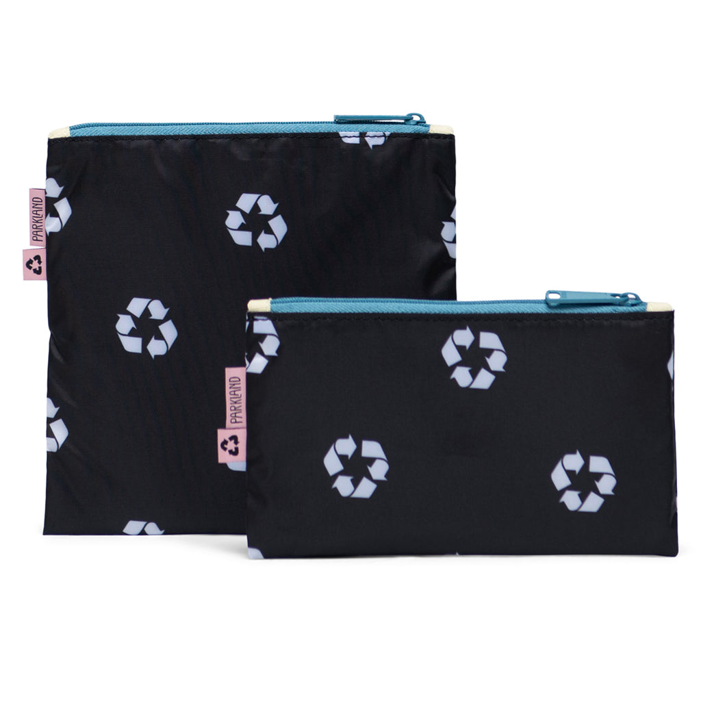 Parkland Children's Eco-Friendly Reusable Snack Bag Duo Set black white recycle symbols teal blue zipper