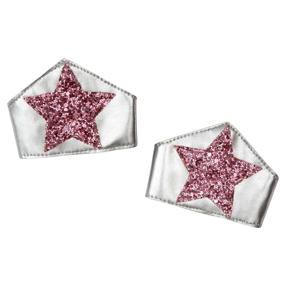 Meri Meri Superhero Kids Dress Up Kit metallic silver wrist cuffs with pink glitter stars for toddler role play