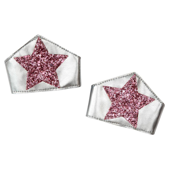 Meri Meri Superhero Kids Dress Up Kit metallic silver wrist cuffs with pink glitter stars for toddler role play
