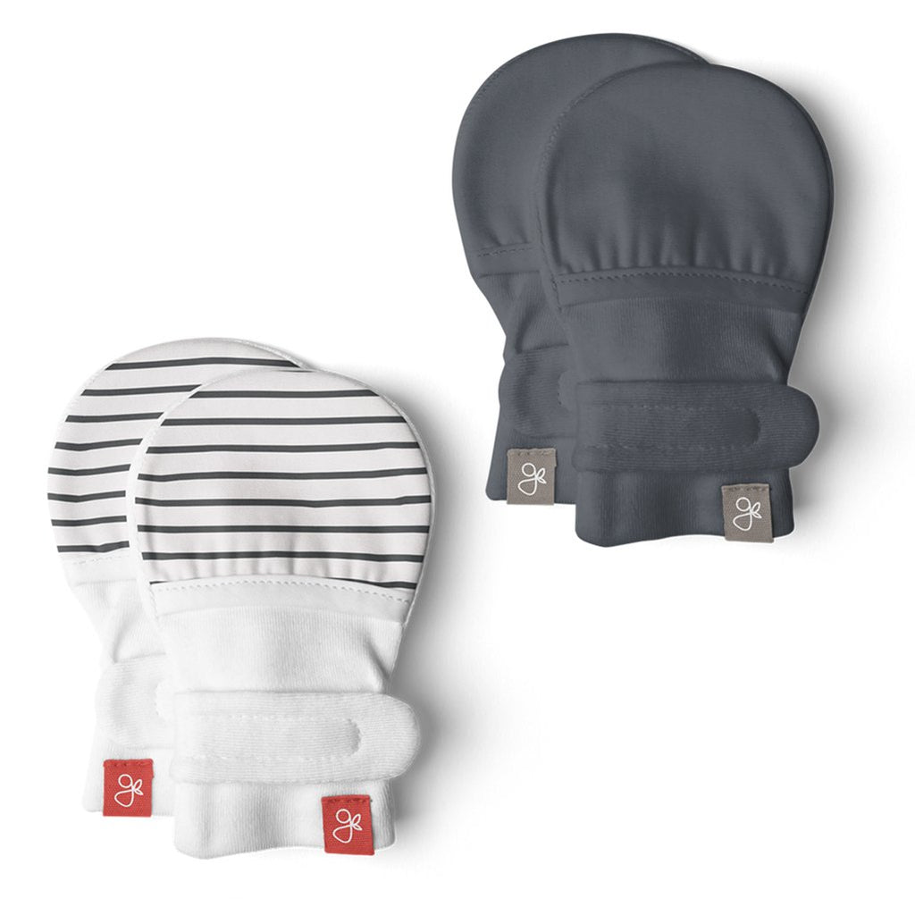 GoumiKids Infant Baby Organic Two-Part Closure Stay On GoumiMitts, 2 pack midnight dark blue and grey stripe white