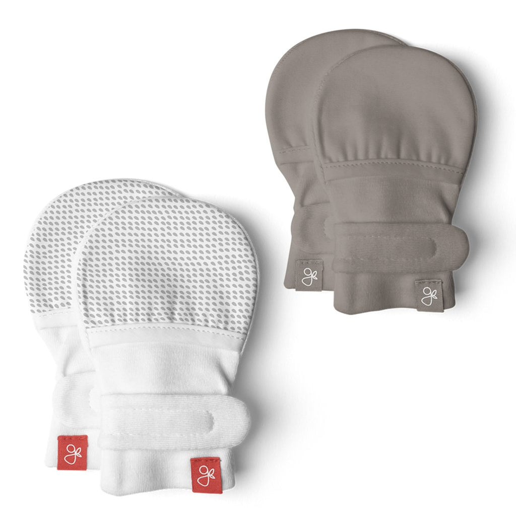 GoumiKids Infant Baby Organic Two-Part Closure Stay On GoumiMitts, 2 pack drey drops and pewter dark grey
