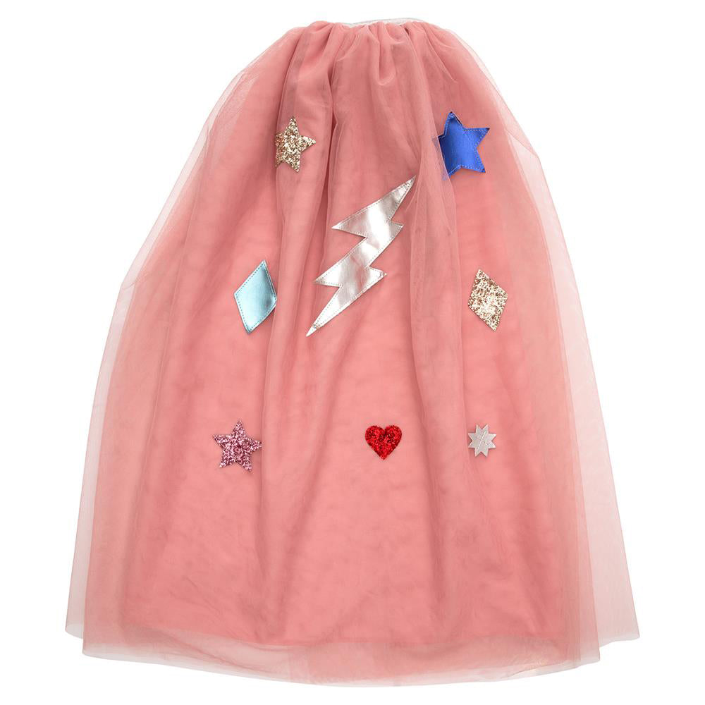 Pink tulle superhero cape with lightning bolt and star patches, a Meri Meri Superhero Kids Dress Up Kit birthday gift idea