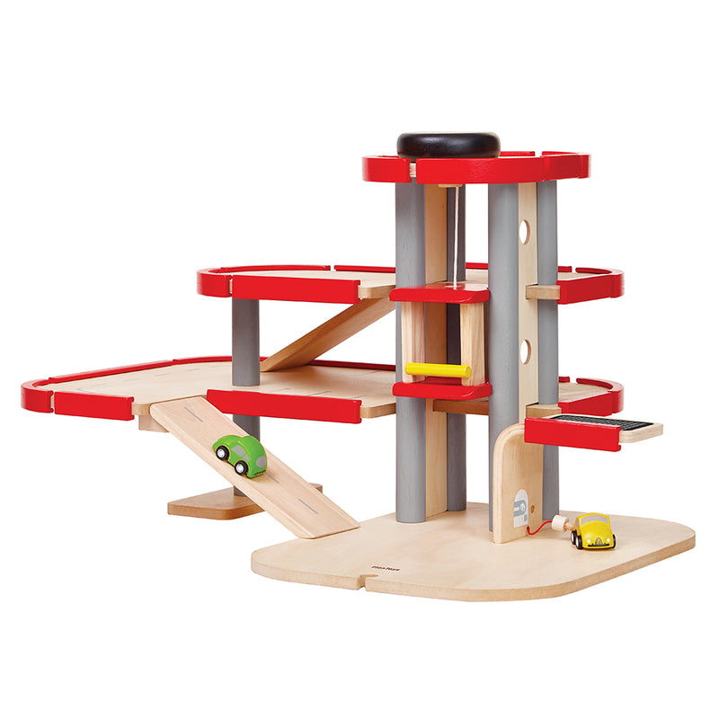 A wooden parking garage set with ramps, cars, and accessories for role-play fun.