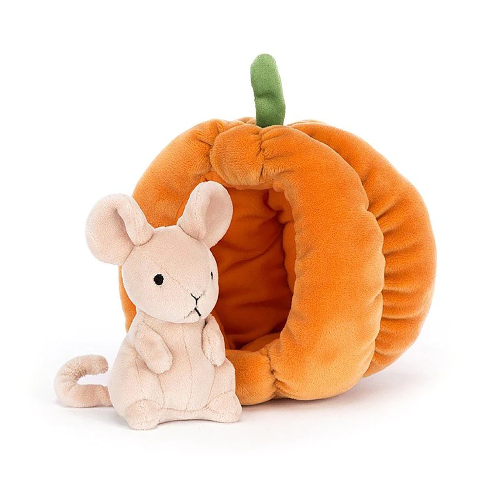 Jellycat Brambling Mouse Detachable Children's Stuffed Animal Toy. Small cream colored mouse that fits inside bright orange pumpkin home. 