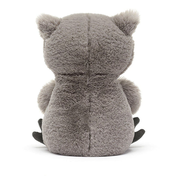 Jellycat Snoozling Owl grey stuffed animal. Back view.