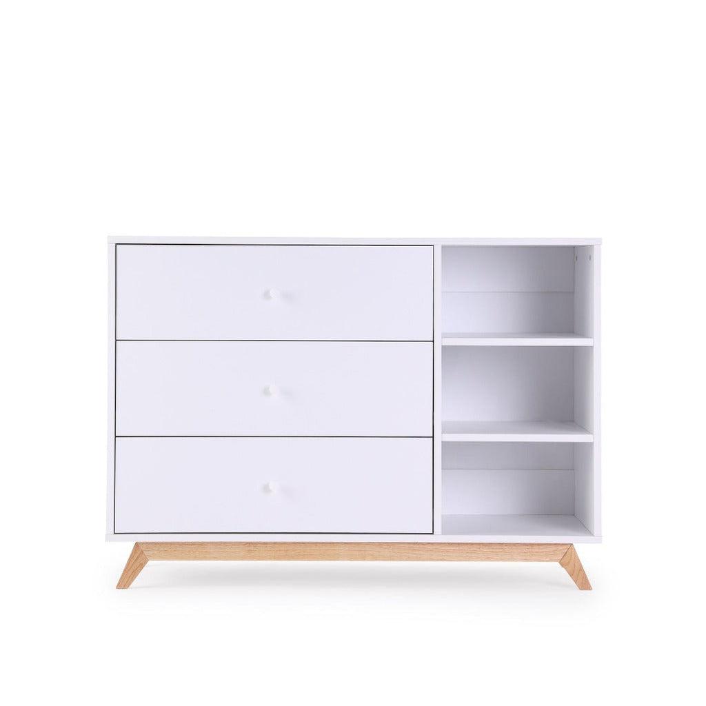  dadada White/Natural Central Park 3-Drawer Dresser Children's Nursery. front view. Baby girl nursery ideas