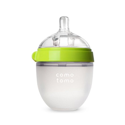 Green Comotomo baby bottles made from soft silicone