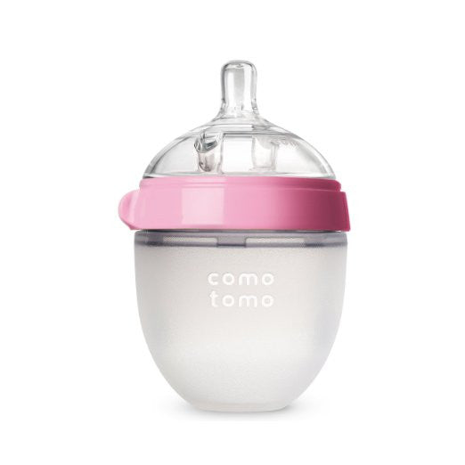 Pink silicone baby bottle by Comotomo for easy feeding