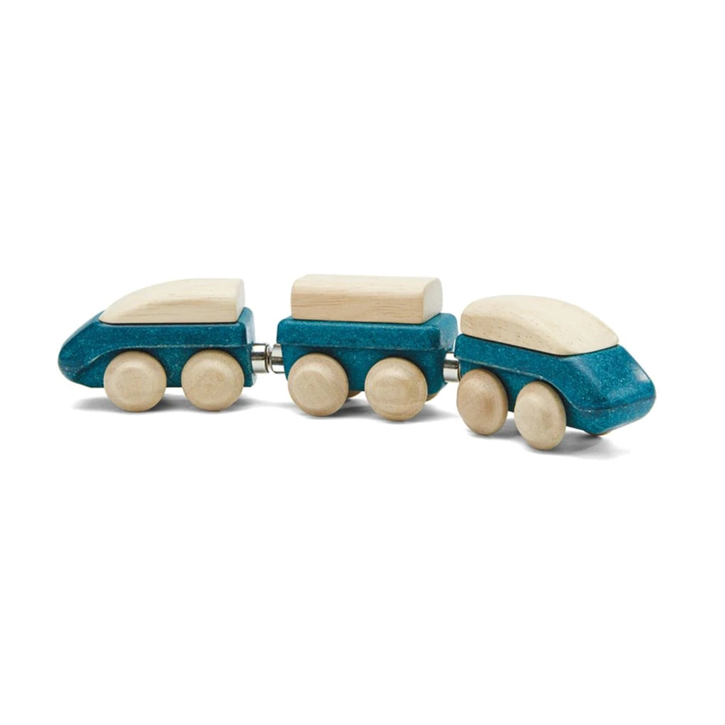 Dark teal hybrid train wooden toy by PlanToys, eco-friendly and fun for kids.