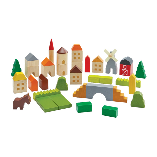Plantoys Countryside Blocks Children's Wooden Block Set. 46 piece wooden block set. Featuring a brown horse, grey windmill, red barn, multicolored building, trees and shrubs, and green grass for landscaping play. 