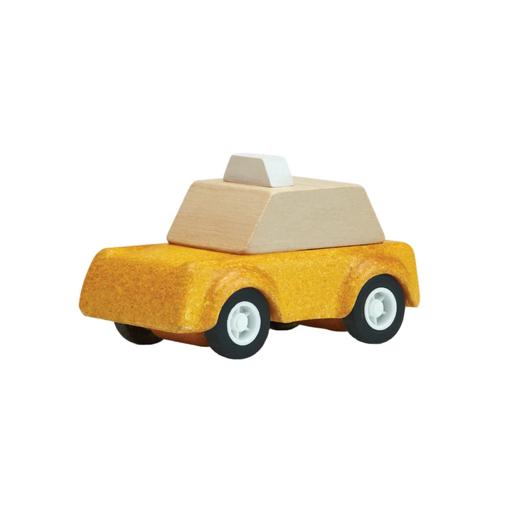 Plan Toys Yellow Taxicab Toy Car Wood Toy, a classic yellow taxicab designed for pretend play adventures with children.