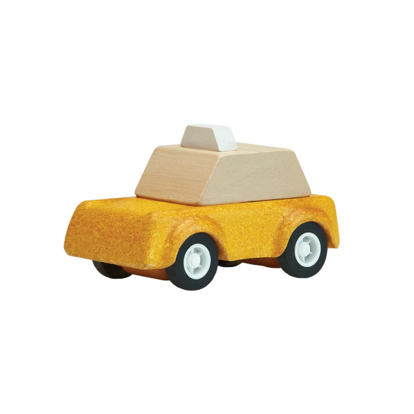 PlanToys Yellow Taxicab Children's Creative Play Toy Car. Yellow and natural colored taxi car with black and white wheels.