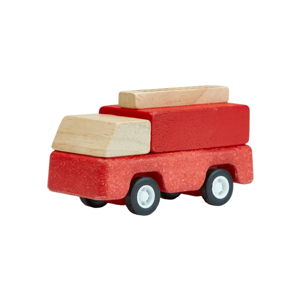A red wooden fire truck from Plan Toys, perfect for young children to engage in pretend fire-fighting fun.