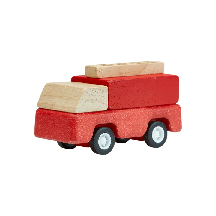 A red wooden fire truck from Plan Toys, perfect for young children to engage in pretend fire-fighting fun.