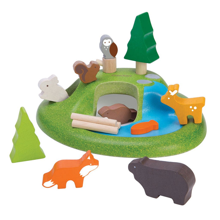 Plan Toys Woodland Animal Set Children's Pretend Play Doll Toy owl squirrel beaver deer rabbit fox bear fig logs waterfal 