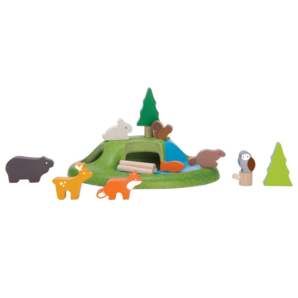 lifestyle_2, Plan Toys Woodland Animal Set Children's Pretend Play Doll Toy owl squirrel beaver deer rabbit fox bear fig logs waterfal 