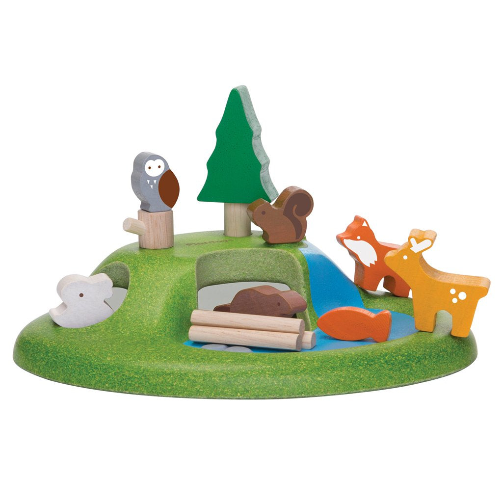 lifestye_3, Plan Toys Woodland Animal Set Children's Pretend Play Doll Toy owl squirrel beaver deer rabbit fox bear fig logs waterfal 