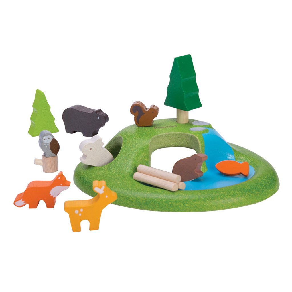 lifestyle_1, Plan Toys Woodland Animal Set Children's Pretend Play Doll Toy owl squirrel beaver deer rabbit fox bear fig logs waterfal 