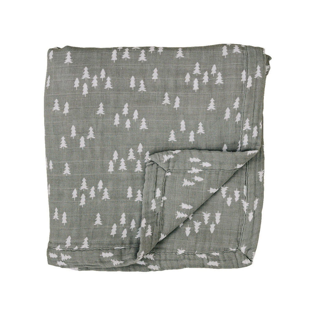 Mebie baby blanket, gray muslin quilt with pine trees for toddlers