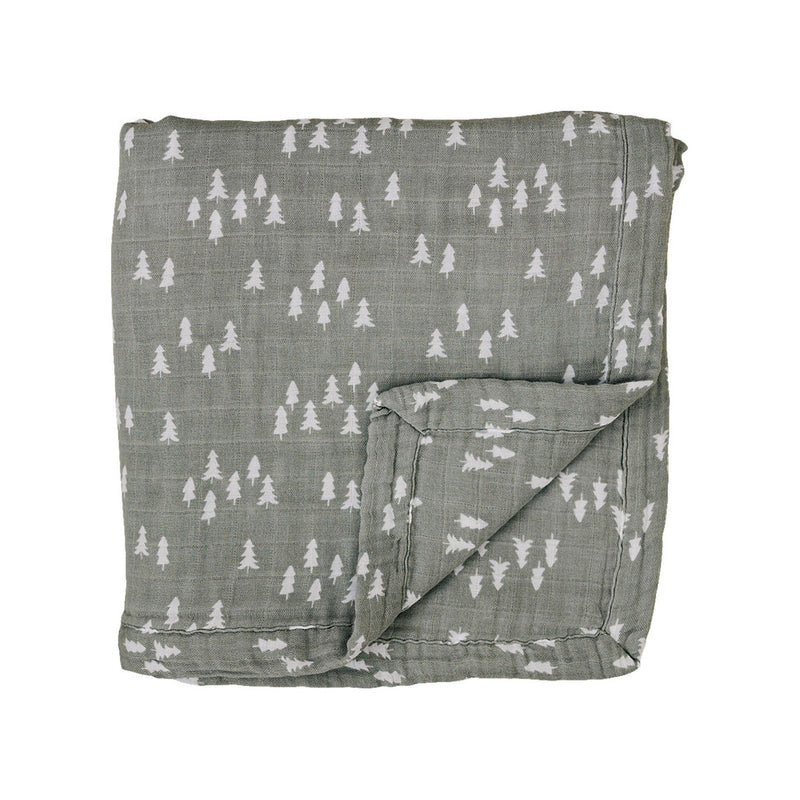 Mebie baby blanket, gray muslin quilt with pine trees for toddlers