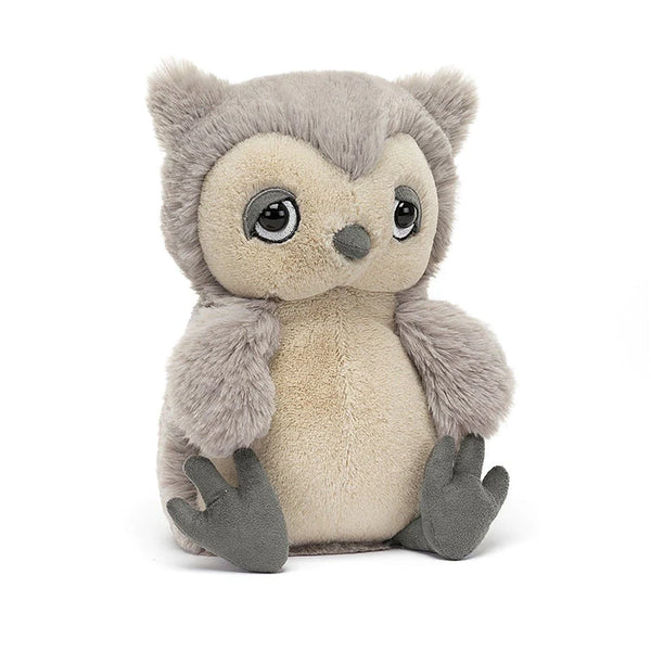 Jellycat Snoozling Owl grey stuffed animal. Front view.
