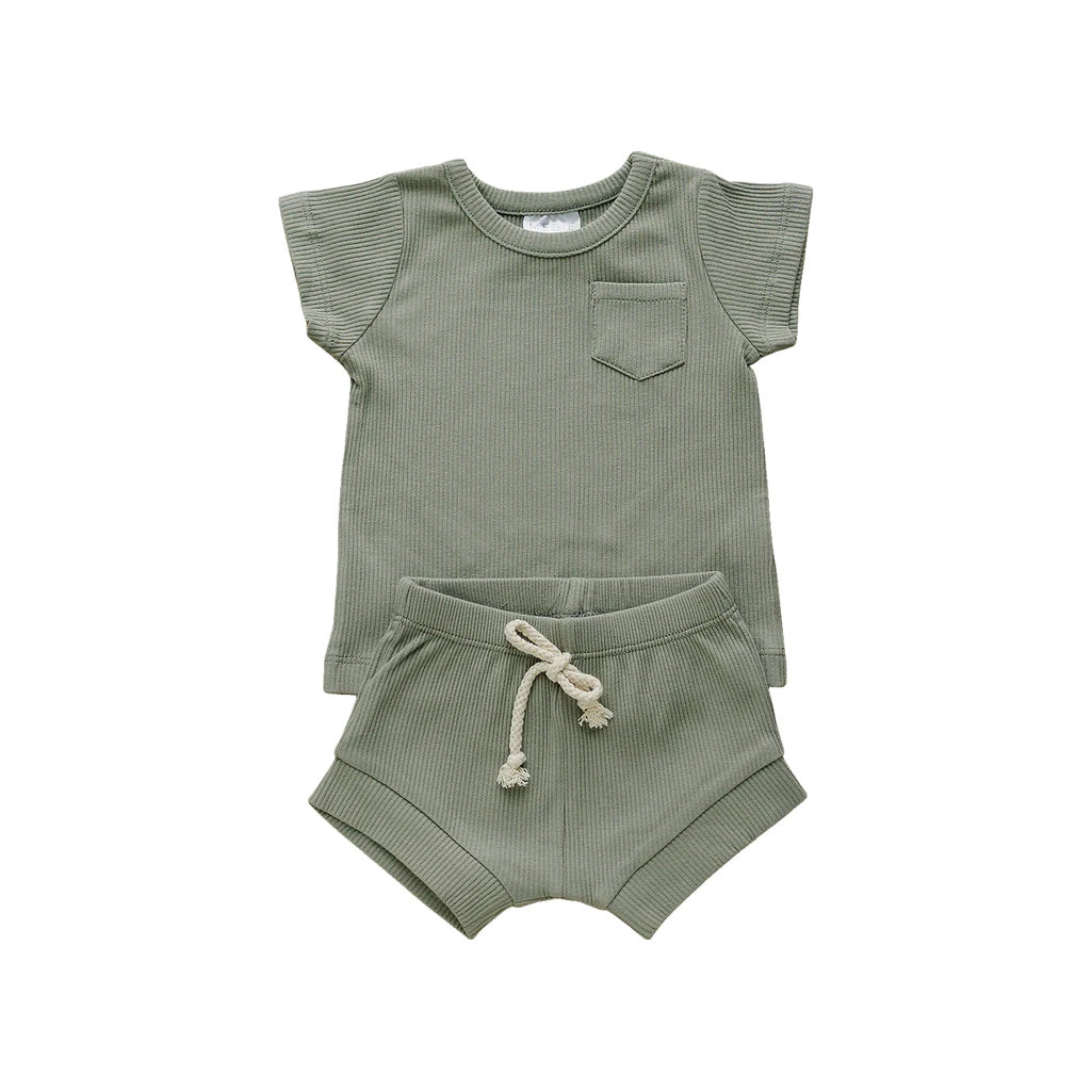 Mebie baby organic cotton ribbed short set in sage