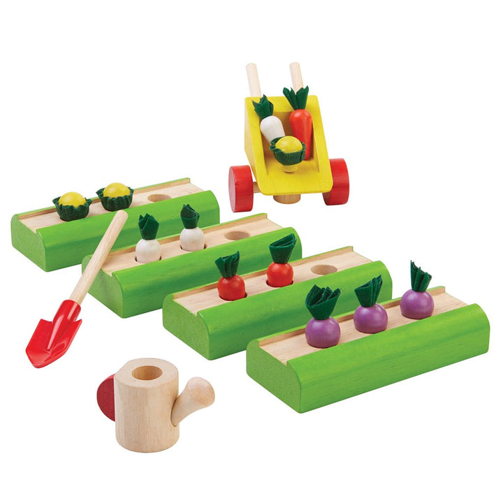 Plan Toys Vegetable Garden Children's Pretend Role Play Toy Set radishes turnips califlower flower beds and tools 