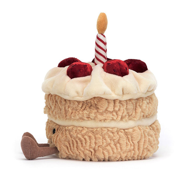 Jellycat Amuseable Birthday Cake stuffed animal toy. Side view.