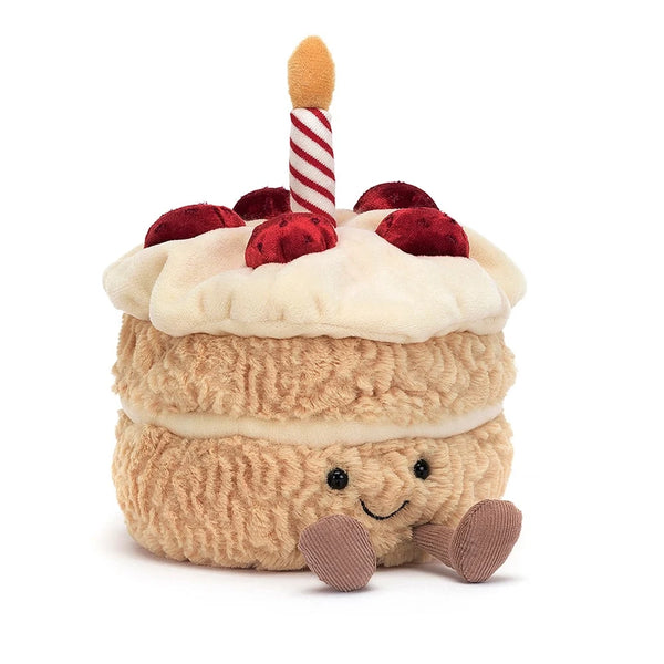 Jellycat Amuseable Birthday Cake stuffed animal toy. Front view.