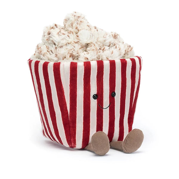 Jellycat Amuseable Popcorn stuffed animal popcorn. Red and white striped container with cream and brown popcorn. 