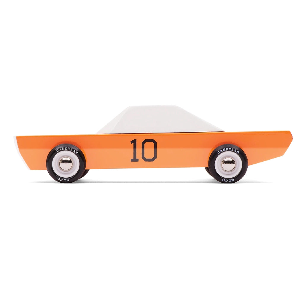 Side view of Candylab GT-10 orange racer a wooden muscle car toy for kids