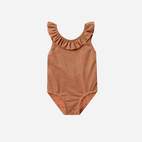 One piece metallic swimsuit with ruffle detailing, a scoop back, and UPF 50 to help keep your little one protected. Red  sparkly color.