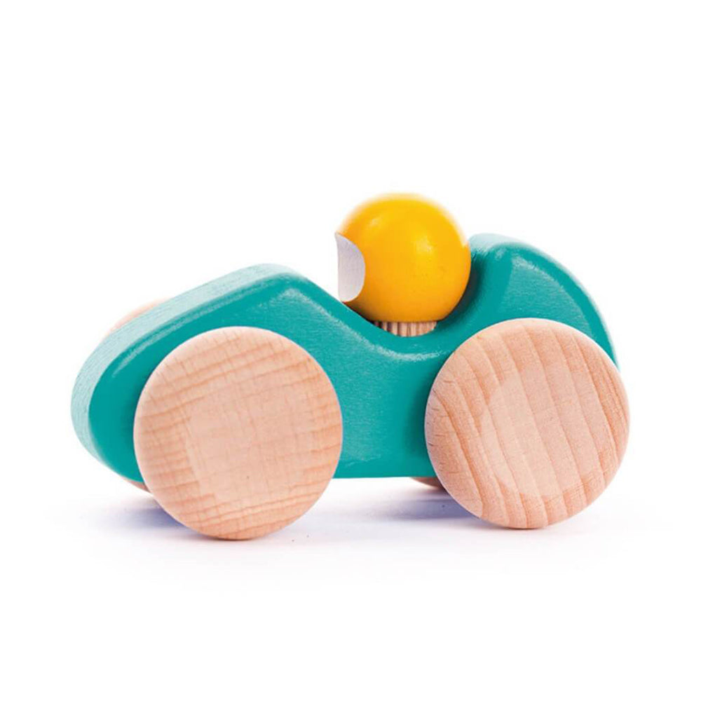 Bajo Wood Toy Race Car in Red, a bold red race car perfect for exciting pretend play and racing adventures.