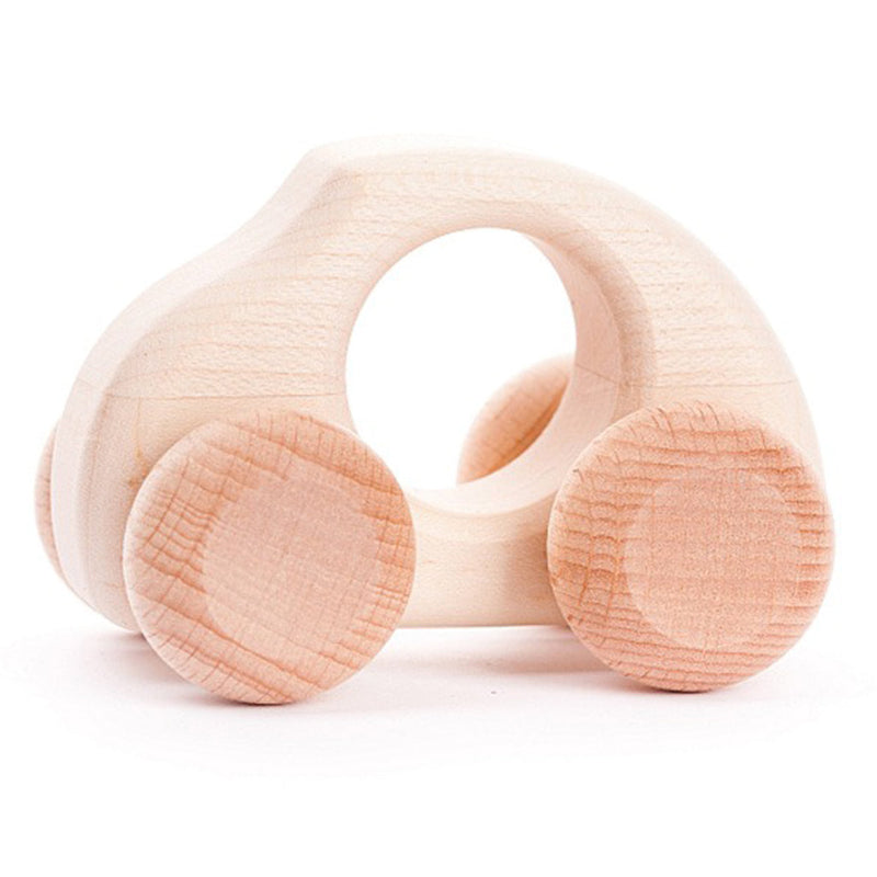 Natural wood finish BAJO car, a timeless toy for toddlers.