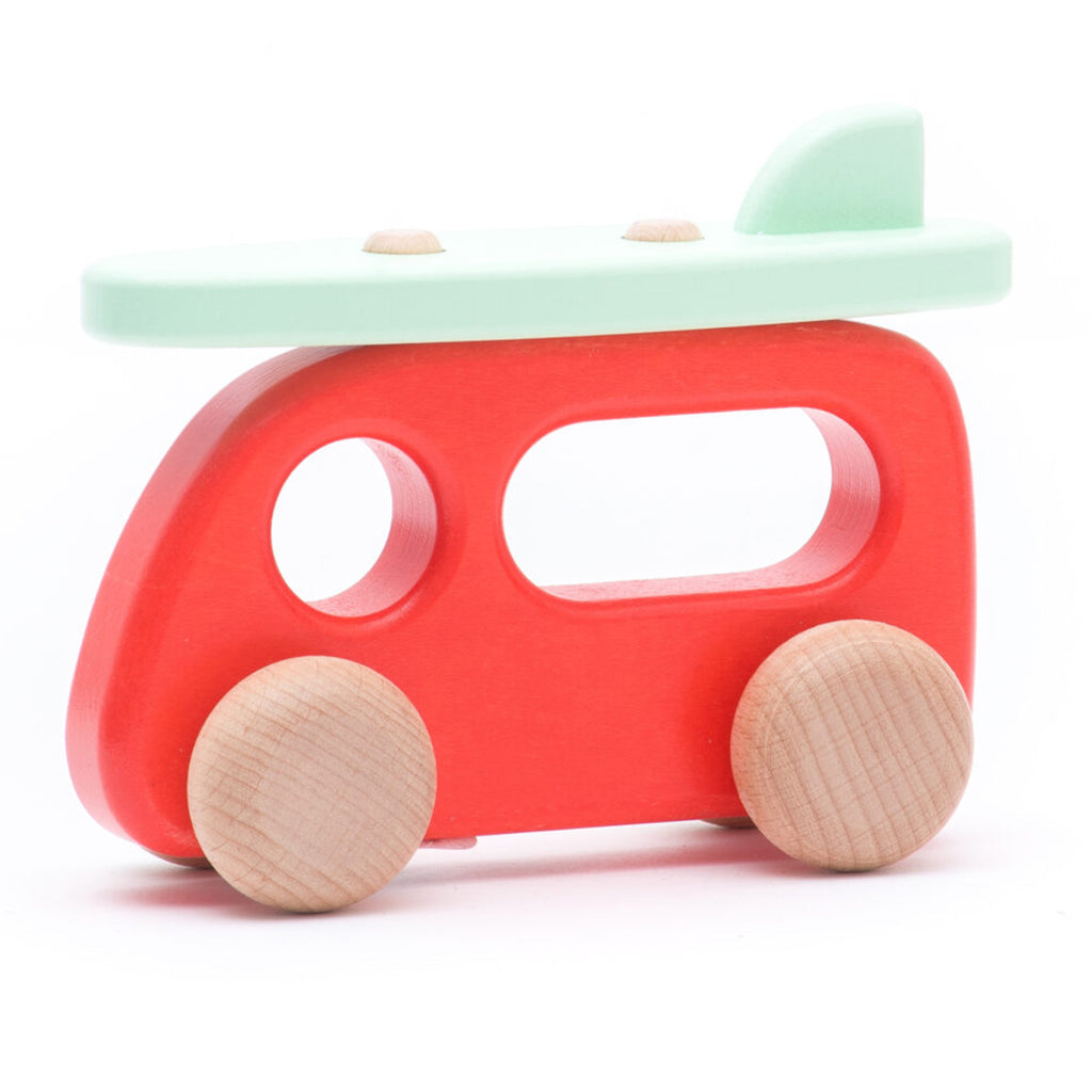 BAJO Red Camper with Surfboard Wooden Toy Vehicle