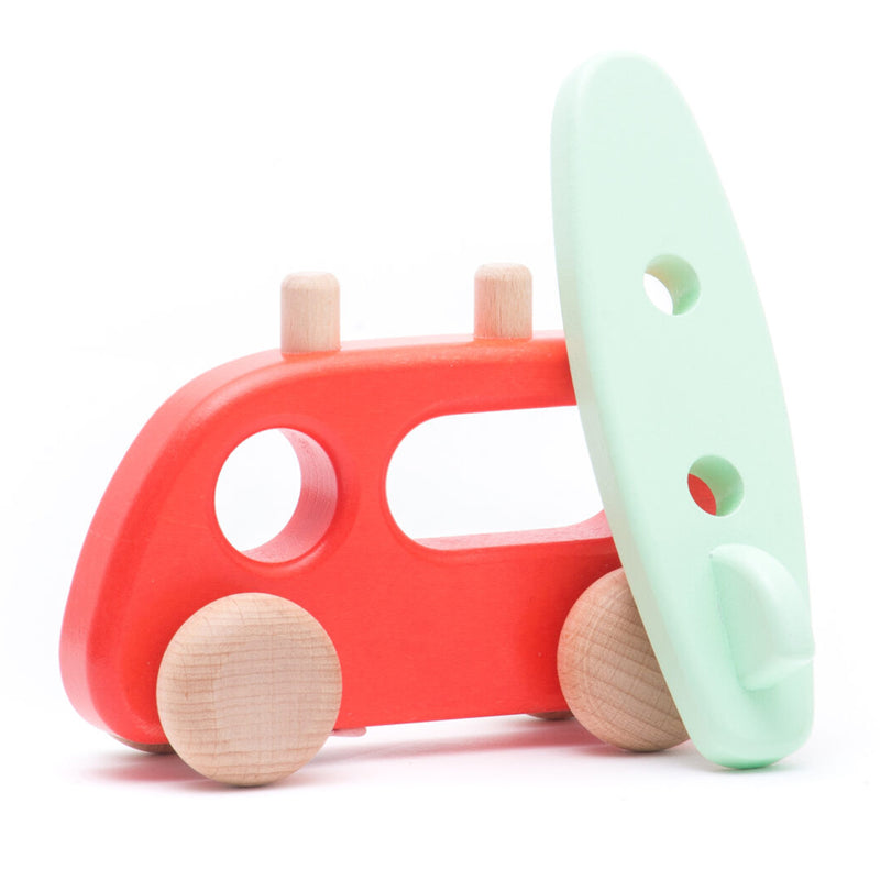 BAJO red camper, a wooden toy perfect for toddlers who love adventure.