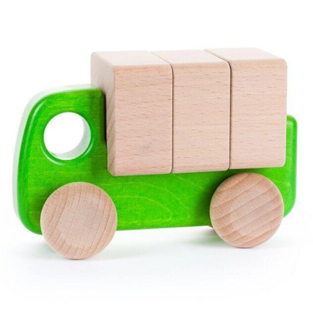 Orange wooden toy car by BAJO, crafted with care for toddlers.