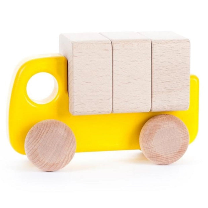 BAJO black wooden toy car for babies, with a sleek design.