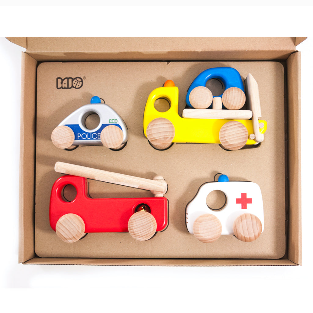 BAJO emergency vehicle set with colorful wooden toy police cars.
