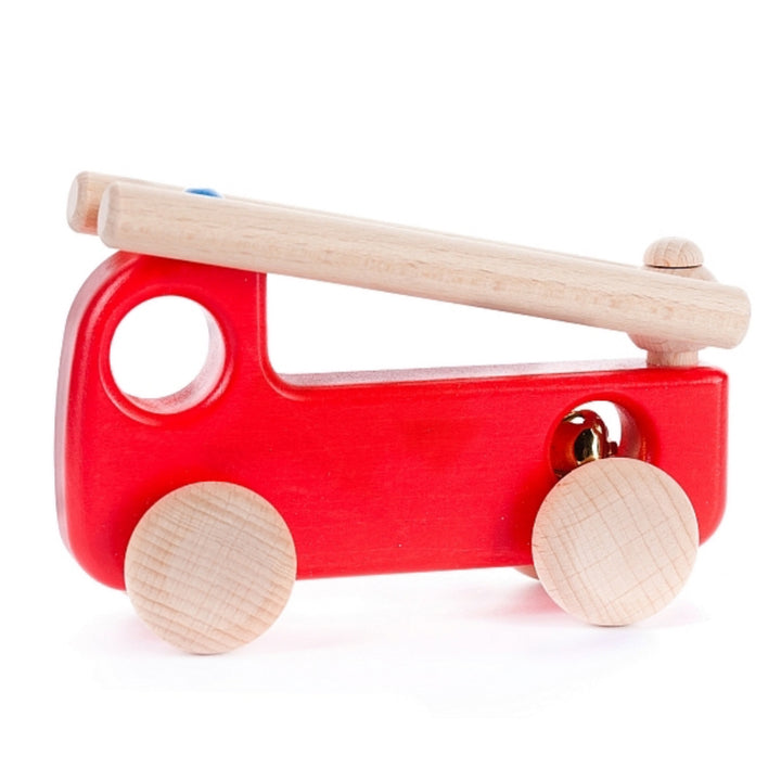 Wooden fire truck toy by BAJO, ideal for kids' pretend rescue missions.