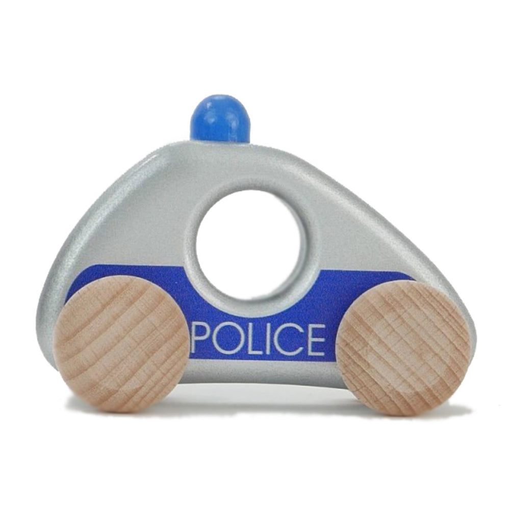 Wooden toy police car from BAJO emergency vehicle set, eco-friendly design.