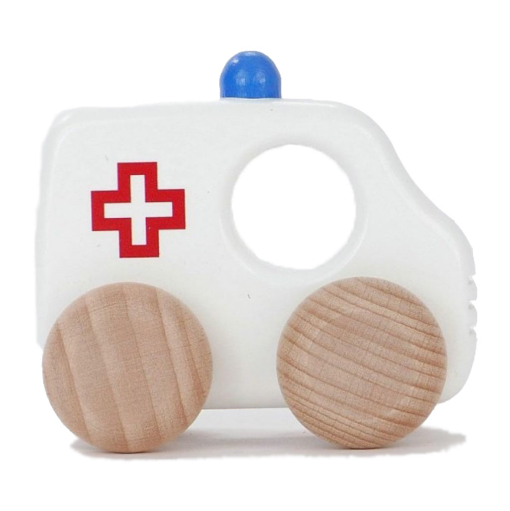 Ambulance wooden toy by BAJO, part of the emergency vehicle set for toddlers.