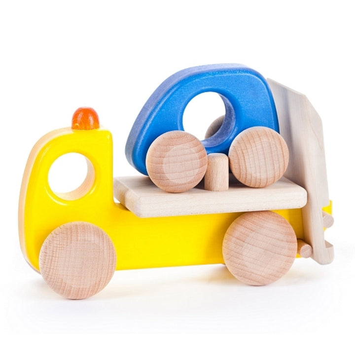 BAJO tow truck wooden toy, part of the emergency vehicle collection.