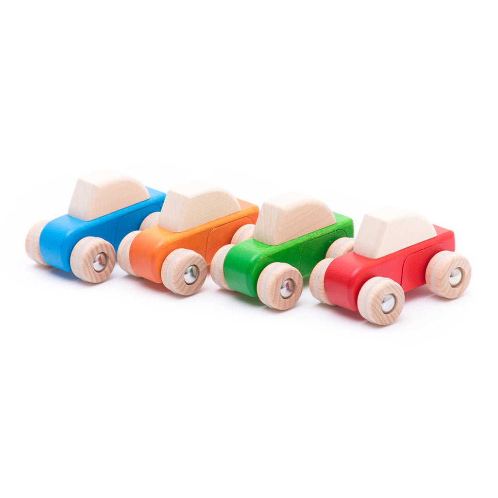 An orange Bajo wooden toy car for toddlers, perfect for imaginative and developmental play.