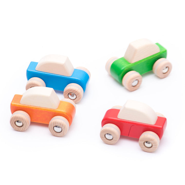 Bajo red wooden toy cars for toddlers, designed for fun and interactive pretend play experiences.