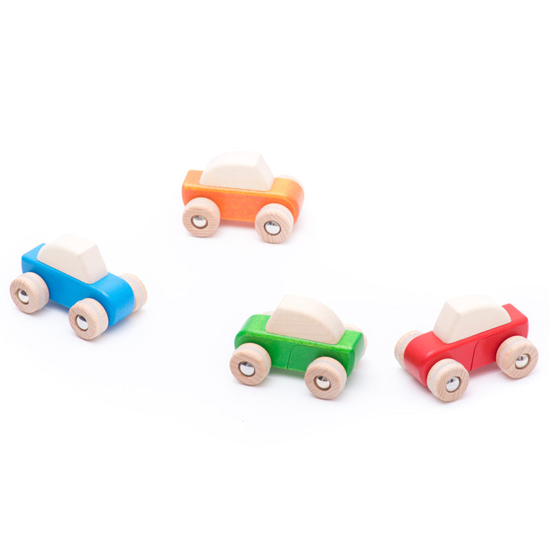 A wooden race car toy from Bajo, perfect for toddlers to engage in imaginative racing adventures.