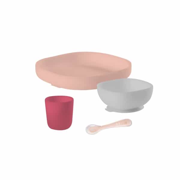 Béaba Silicone Children's Suction Bottom & No-Slip Meal Set in Pink and Grey