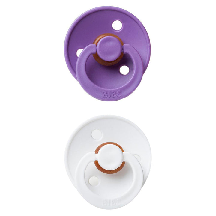 Bright tones BIBS Pacifier Colour Collection 2 Pack Purple & White, cute pacifiers for newborns.