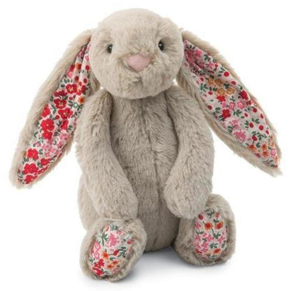 Jellycat Medium Beige Bunny Blossom Posy Children's Stuffed Animal Toy red pink floral flower pattern